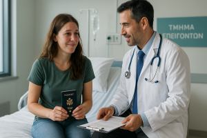 “Traveler with passport on hospital bed abroad, reassured by doctor, showing trust, advocacy, and emergency support.”