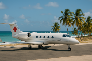 “Medical evacuation jet with red cross parked on Caribbean runway near palm trees and ocean, symbolizing emergency travel coverage.”