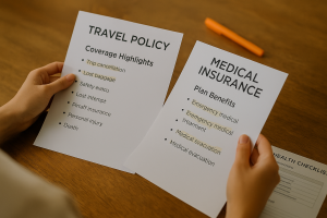 Traveler organizes medical records, insurance card, and medications before departure