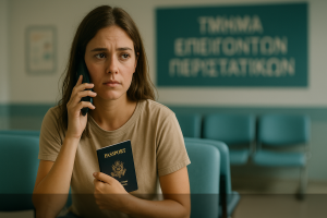 “Traveler holding passport and phone in a foreign hospital waiting area with non-English signage, looking worried.”