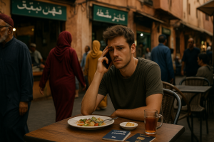 “Distressed traveler at Marrakech café, half-finished meal on table, locals passing by, highlighting challenges abroad.”