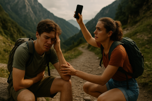 “Traveler injured on remote hiking trail abroad, friend steadies them and searches for phone signal in rugged isolated terrain.”