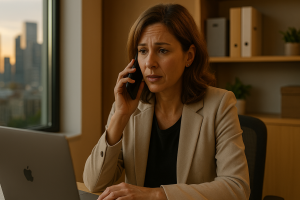 A Human Resources professional speaks on the phone while reviewing employee safety information, reflecting duty of care and trust.