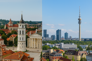 “Split image showing Vilnius old town skyline and modern Munich skyline divided by a clean line under daylight.”