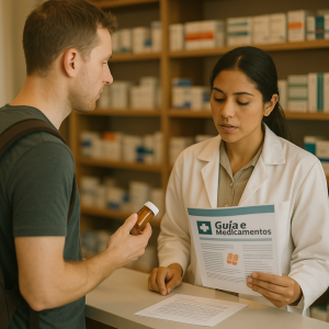 A traveler at a pharmacy counter abroad shows a U.S. prescription bottle to a local pharmacist reviewing a medication guide.